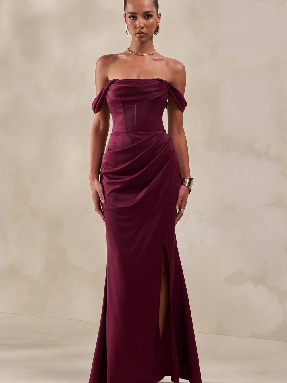 Club L London Kimberly Plum Bardot Satin Corset Maxi Dress Size 6